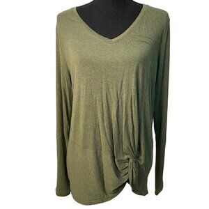 Cabi Size Large Green Vee-Neck Long Sleeve Knit Tunic Top Style 3623 Knot Tie
